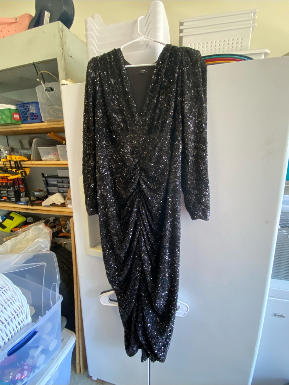 Express Black Sequin Ruched V-Neck Long Sleeve Dress